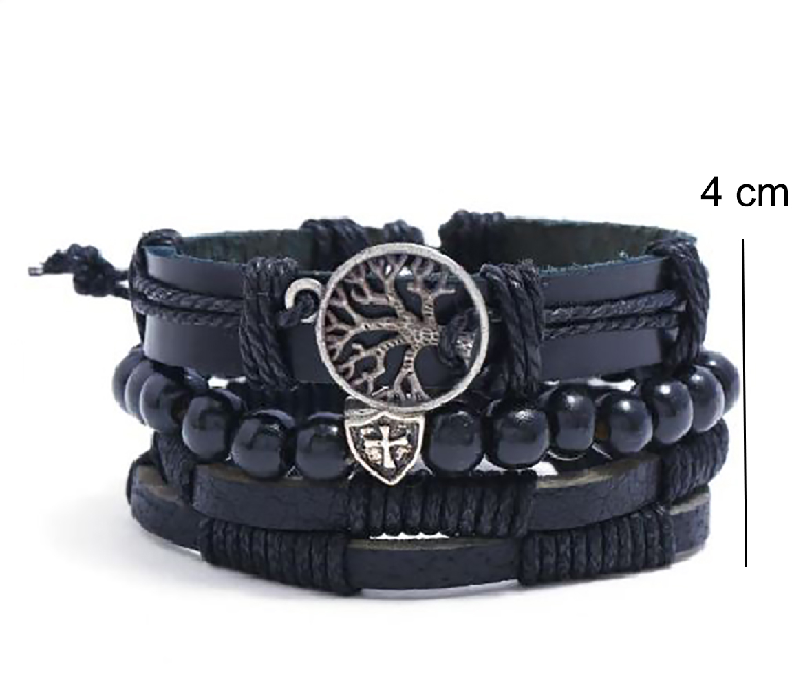 3PCS Pulsera Arbol de la Vida Brazalete para Hombre Mujer Pareja Amor Amistad Novios Enamorados. Pulsera de Piel - Negro