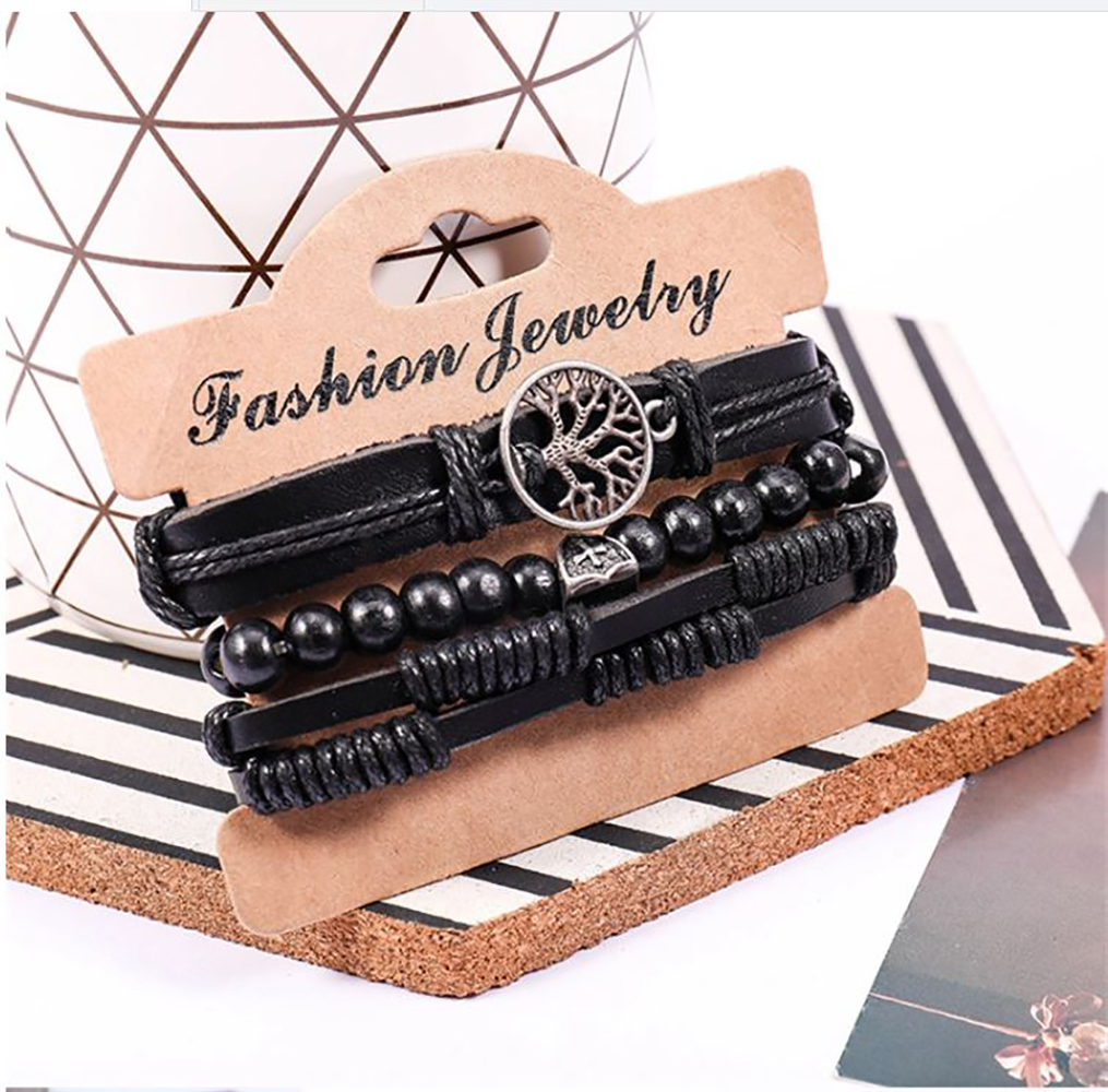 3PCS Pulsera Arbol de la Vida Brazalete para Hombre Mujer Pareja Amor Amistad Novios Enamorados. Pulsera de Piel - Negro