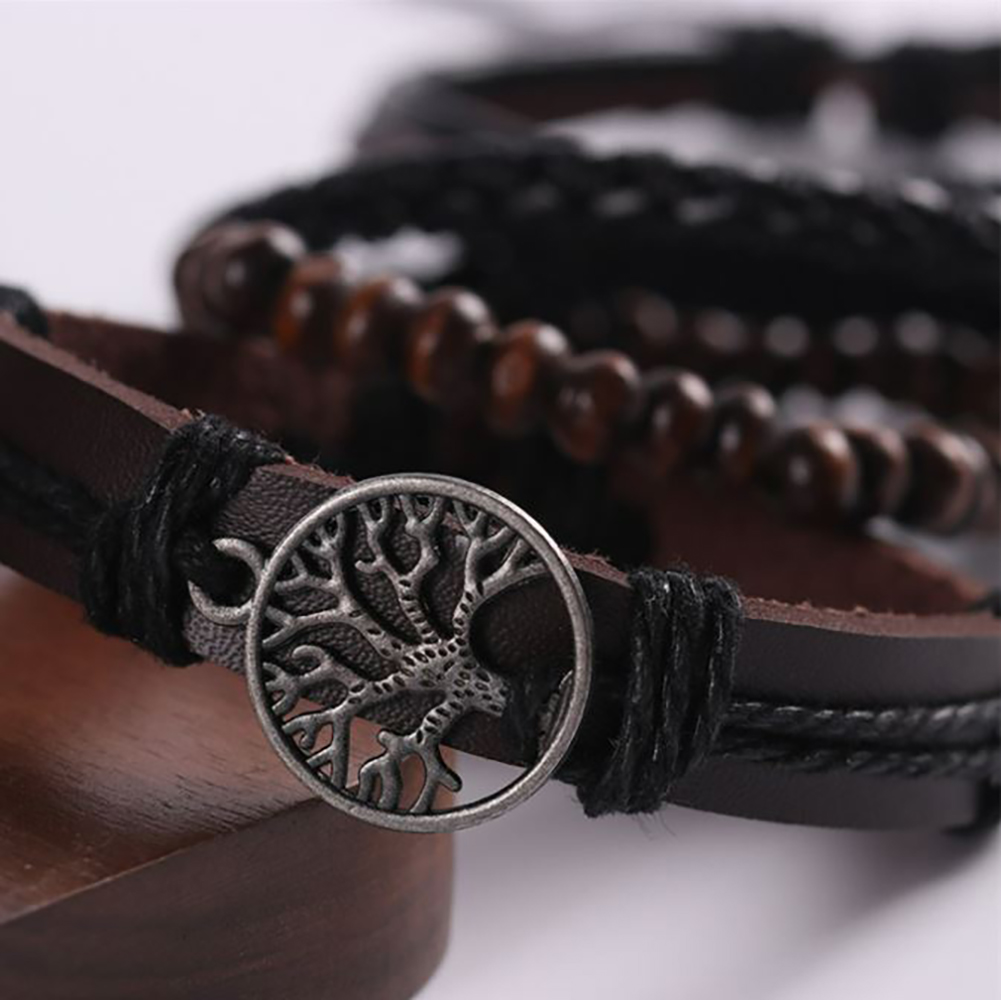 3PCS Pulsera Arbol de la Vida Brazalete para Hombre Mujer Pareja Amor Amistad Novios Enamorados. Pulsera de Piel - Negro
