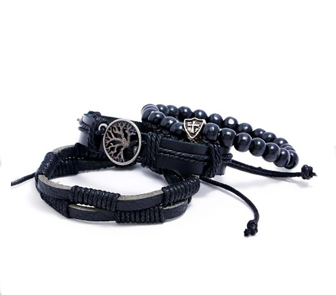 3PCS Pulsera Arbol de la Vida Brazalete para Hombre Mujer Pareja Amor Amistad Novios Enamorados. Pulsera de Piel - Negro