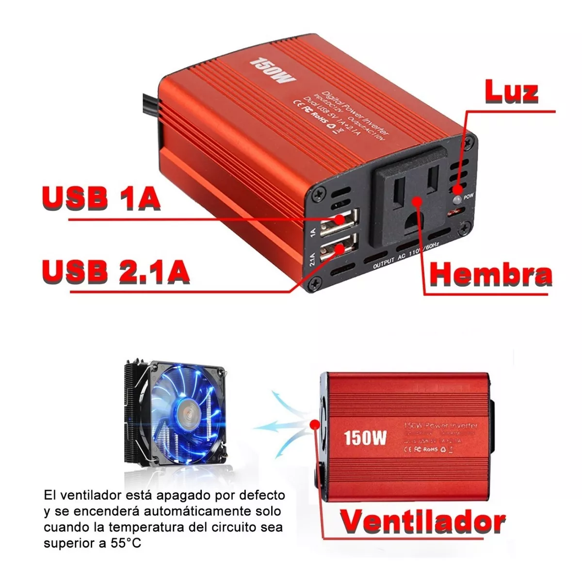 Inversor De Corriente Para Auto 150w, 12v-110v