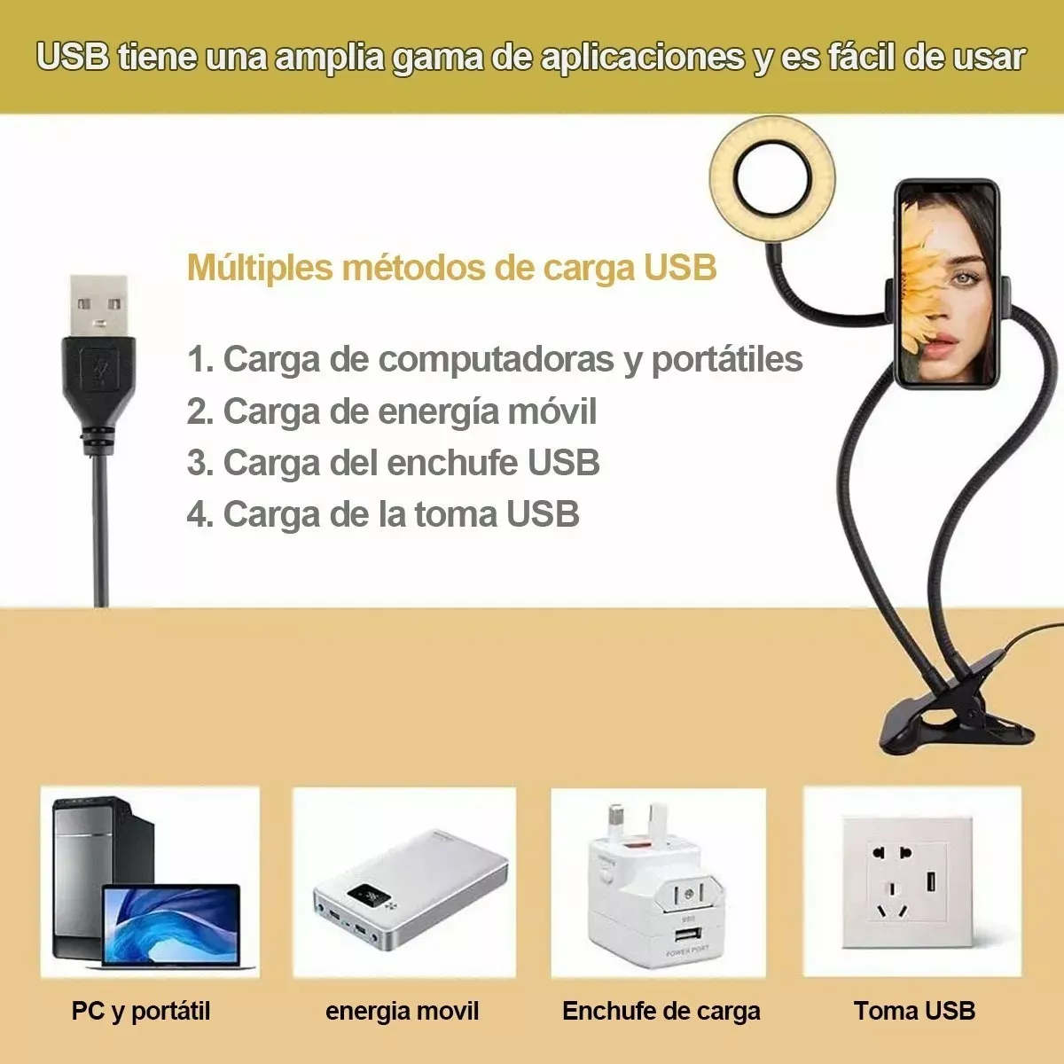 Luz Led Aro USB con Pinza y Soporte Celular