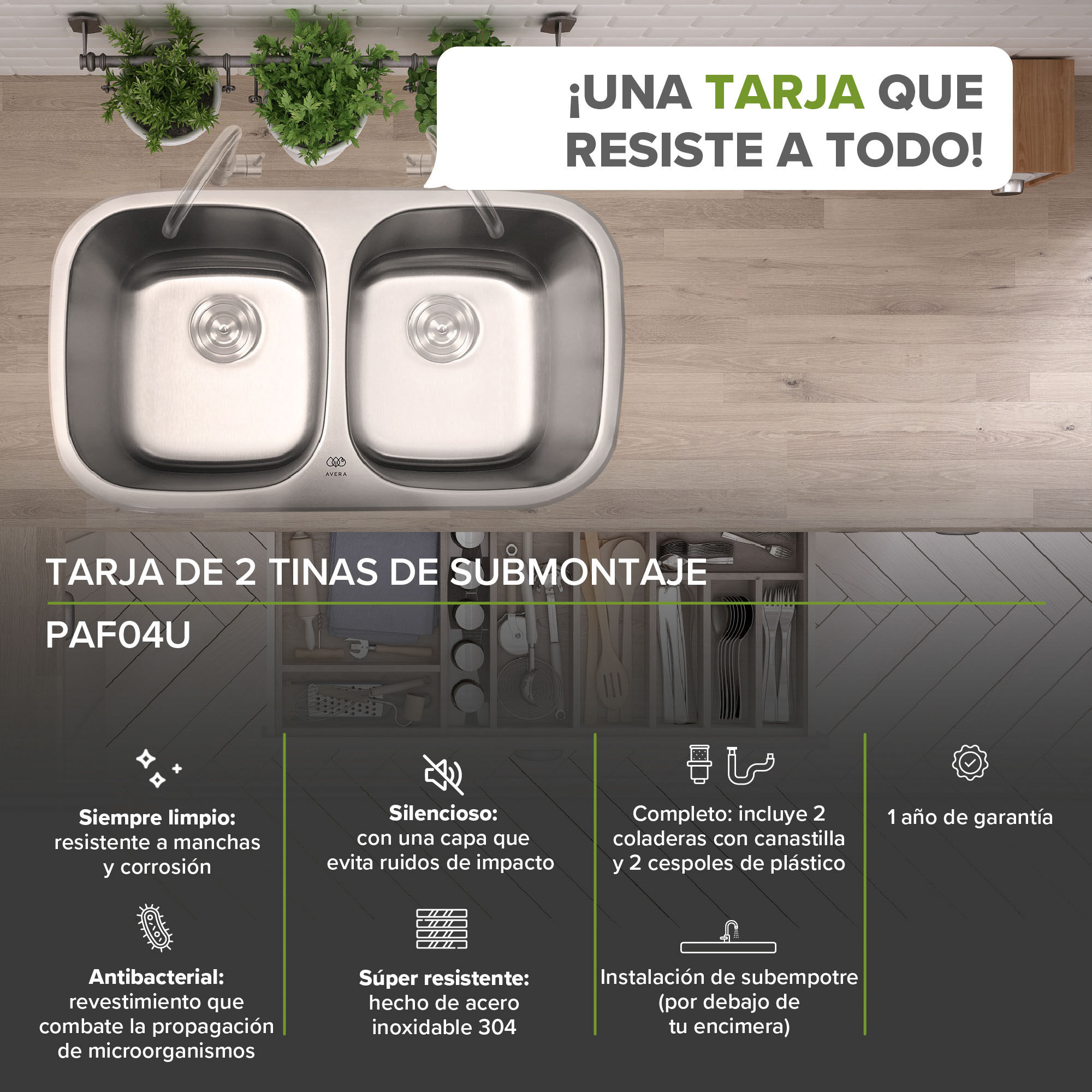 Combo Fregadero Tarja Acero Inox 2 Tinas Submontaje  Avera PAF04U