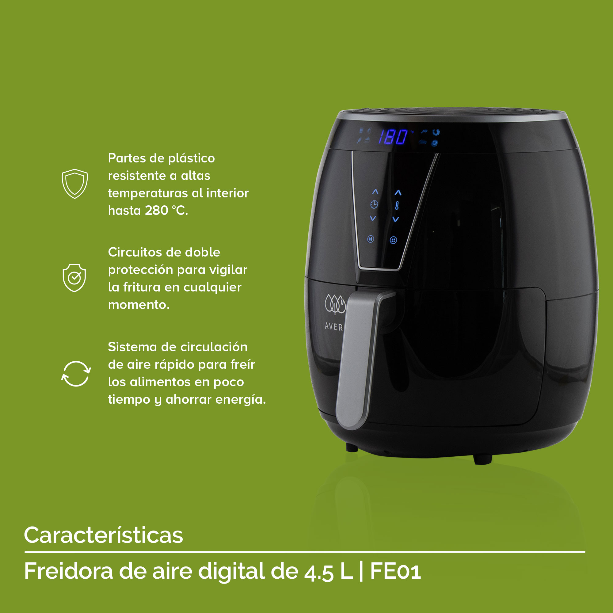 AVERA Freidora de Aire Eléctrica 4.5 litros con 8 Preajustes Temporizador