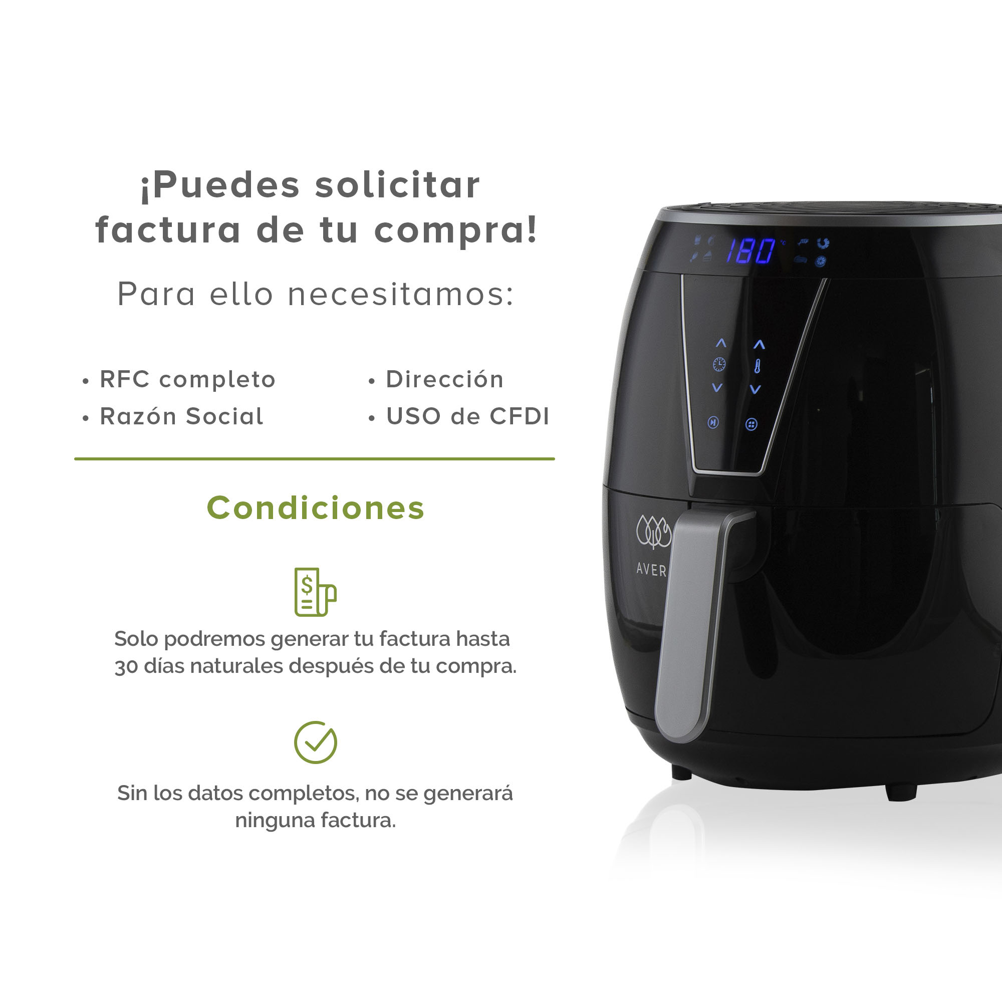 AVERA Freidora de Aire Eléctrica 4.5 litros con 8 Preajustes Temporizador