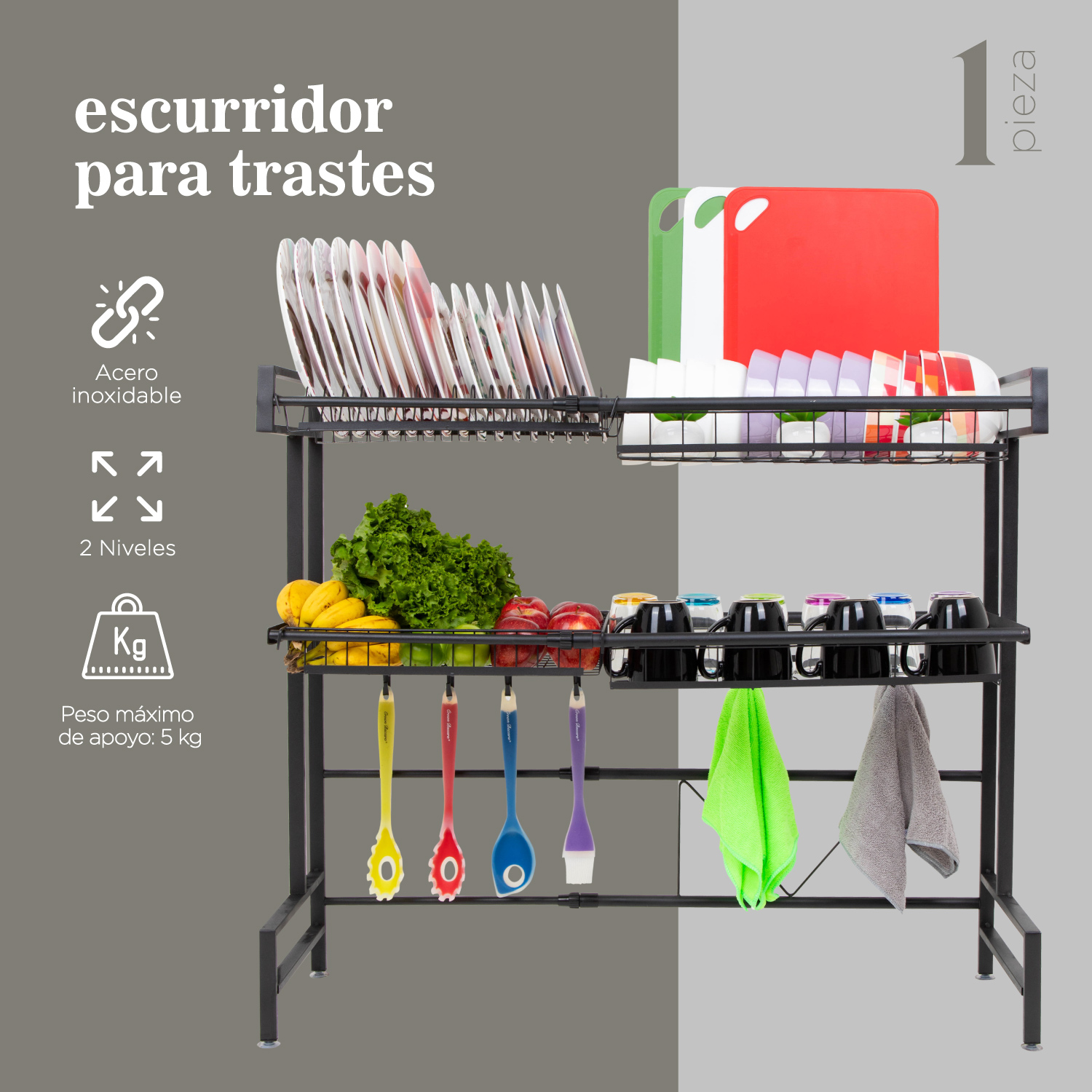 Escurridor De Platos 2 Pisos Acero Inoxidable Para Fregadero 