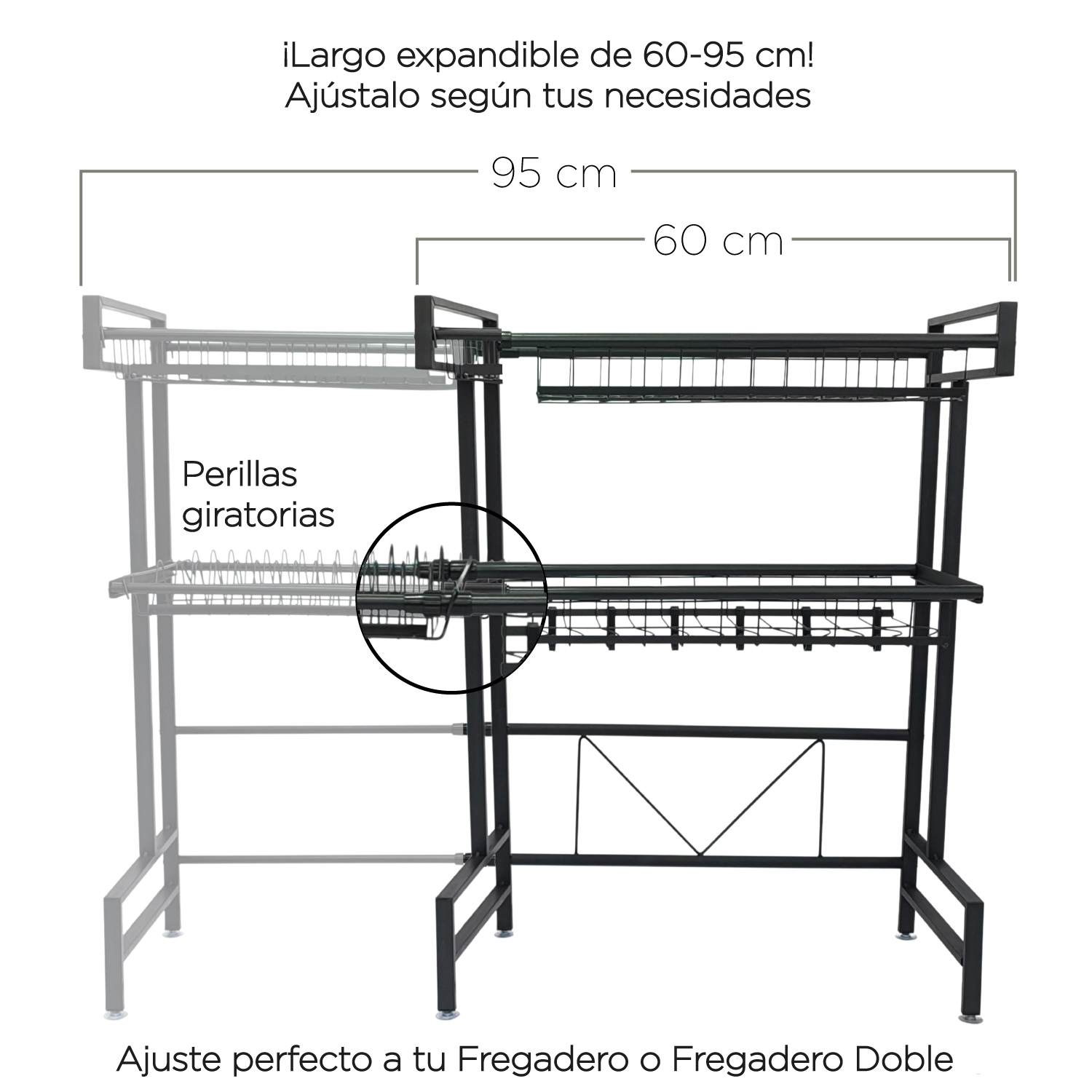 Escurridor Trastes Platos Acero Inoxidable Extendible Negro