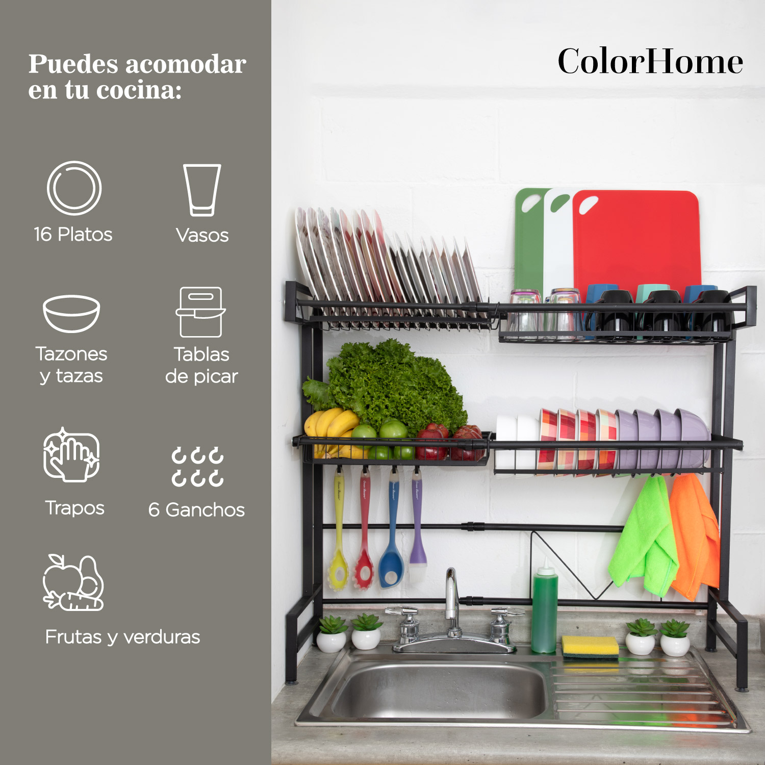 Escurridor De Platos 2 Pisos Acero Inoxidable Para Fregadero 