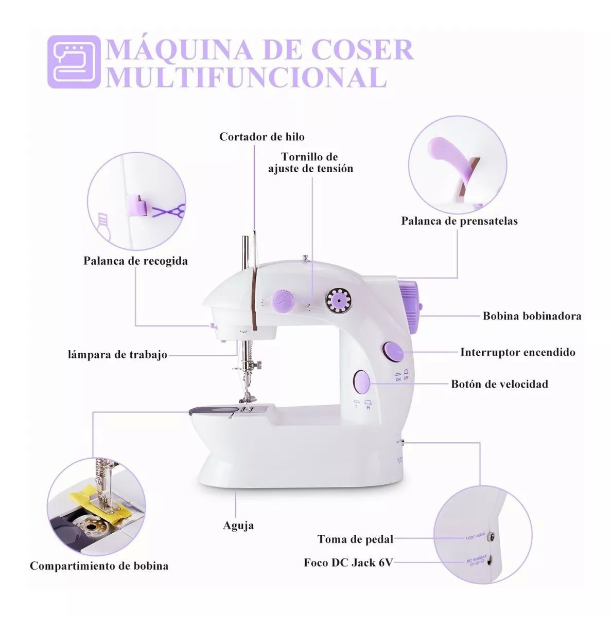 Mini Maquina Coser Portatil 2 Velocidad Pedal Y Foco Automat