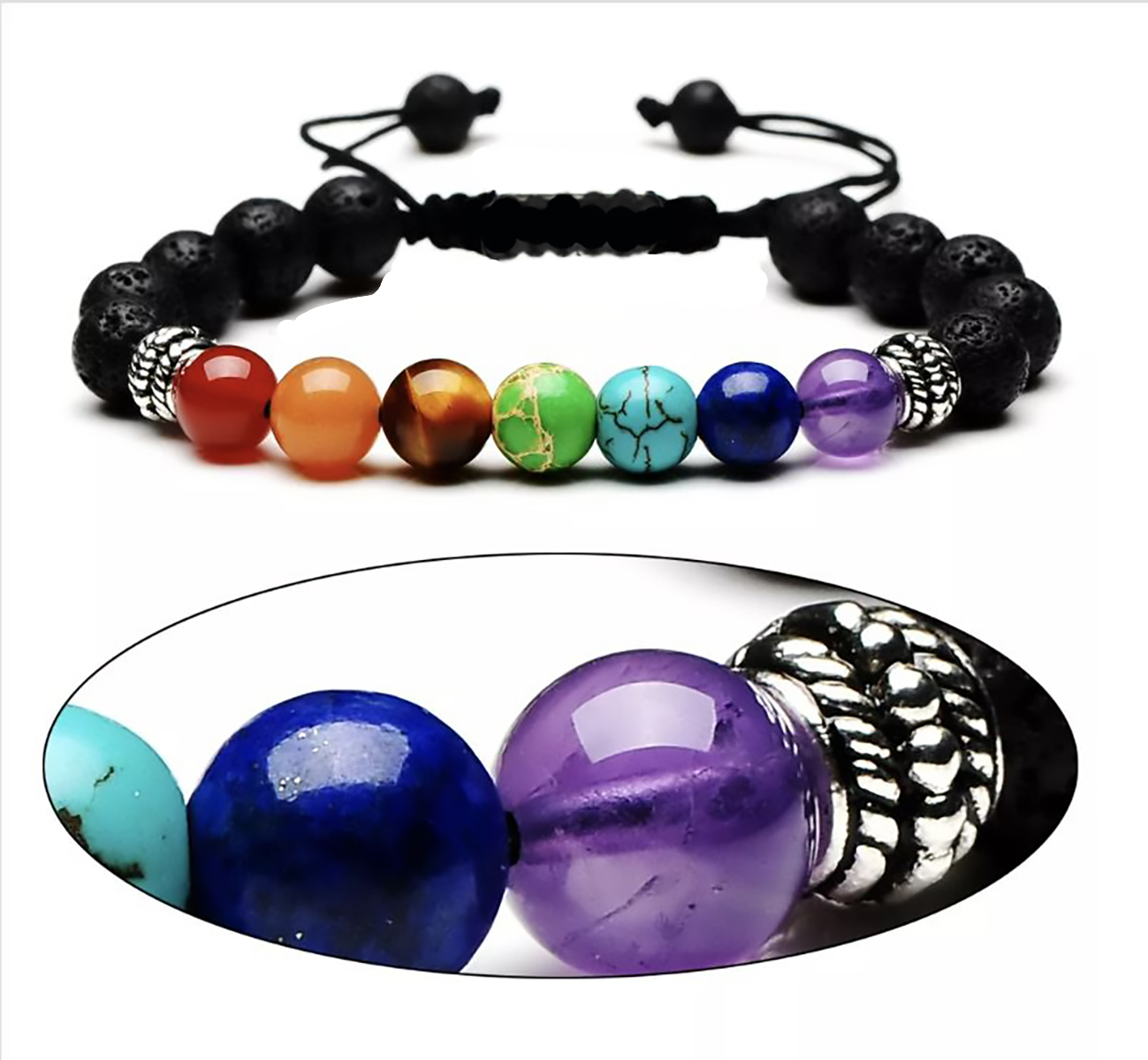 Pulseras para Hombre de Piedras Naturales, Pulseras de Piedras de Ojo de Tigre, Chakras, Lava Volcánica, Howlita o Ónix. Pulseras para Parejas - Ajustables