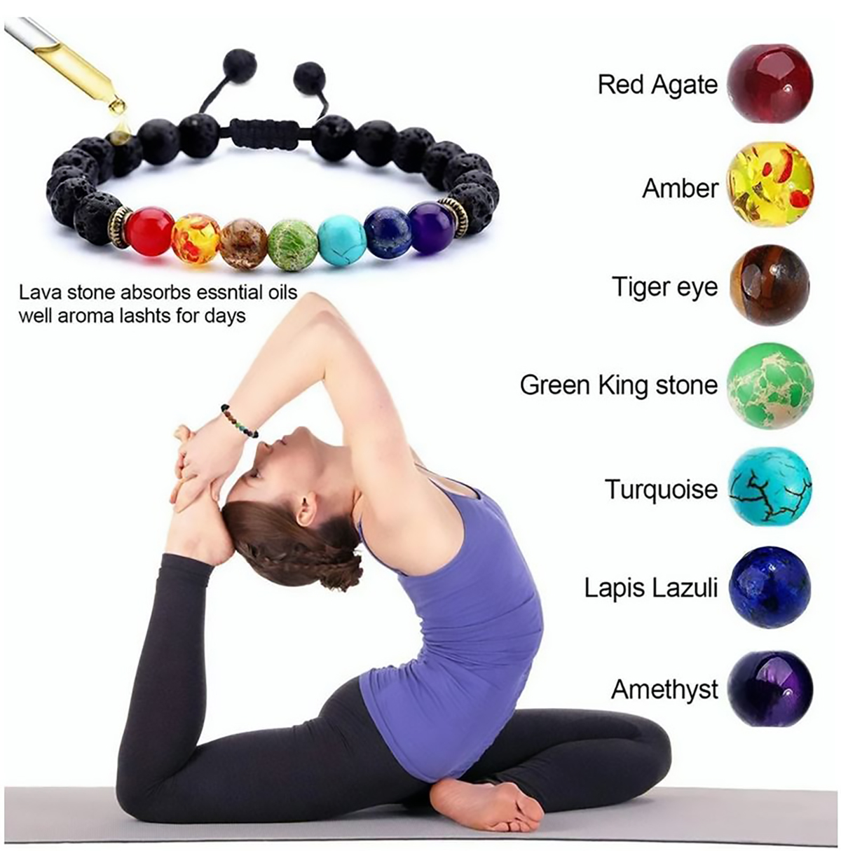 Pulseras para Hombre de Piedras Naturales, Pulseras de Piedras de Ojo de Tigre, Chakras, Lava Volcánica, Howlita o Ónix. Pulseras para Parejas - Ajustables