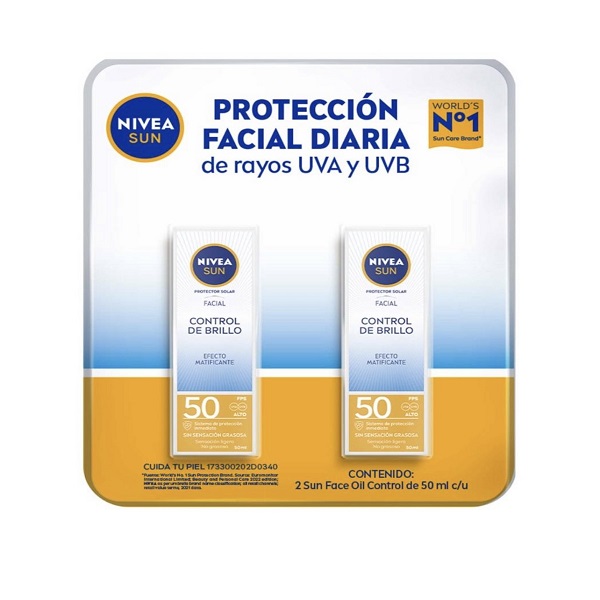 Protector Solar Facial Nivea Sun Control de Brillo Efecto Mate FPS50+ 2 pzas de 50 ml c/u