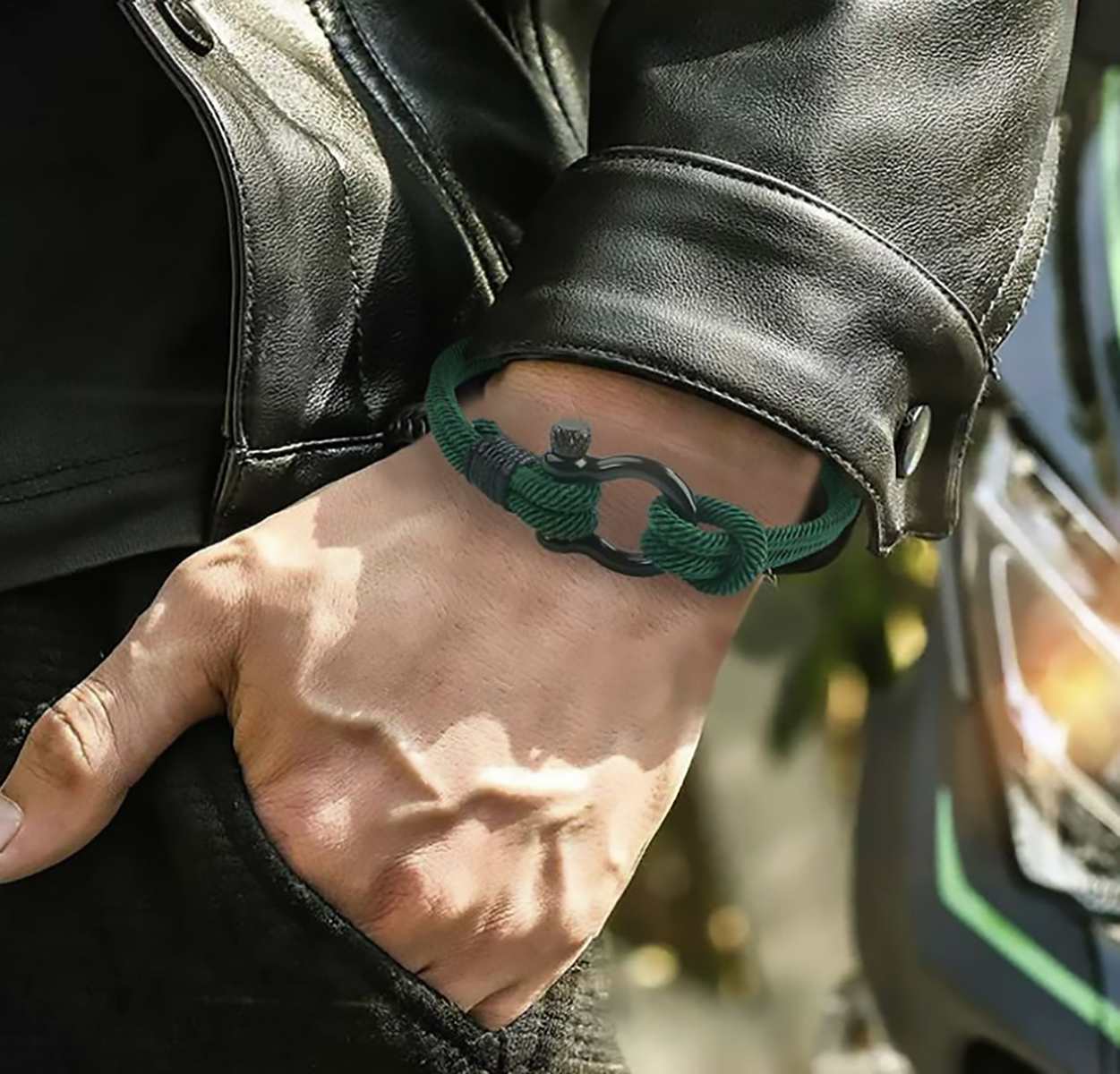 Pulsera de cuerda para hombre, pulsera náutica con grillete de acero para hombre y mujer. Brazalete paracord - Verde/Negro
