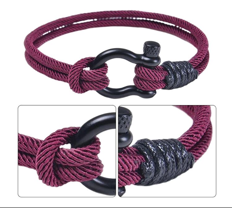 Pulsera de cuerda para hombre, pulsera náutica con grillete de acero para hombre y mujer. Brazalete paracord - Verde/Negro