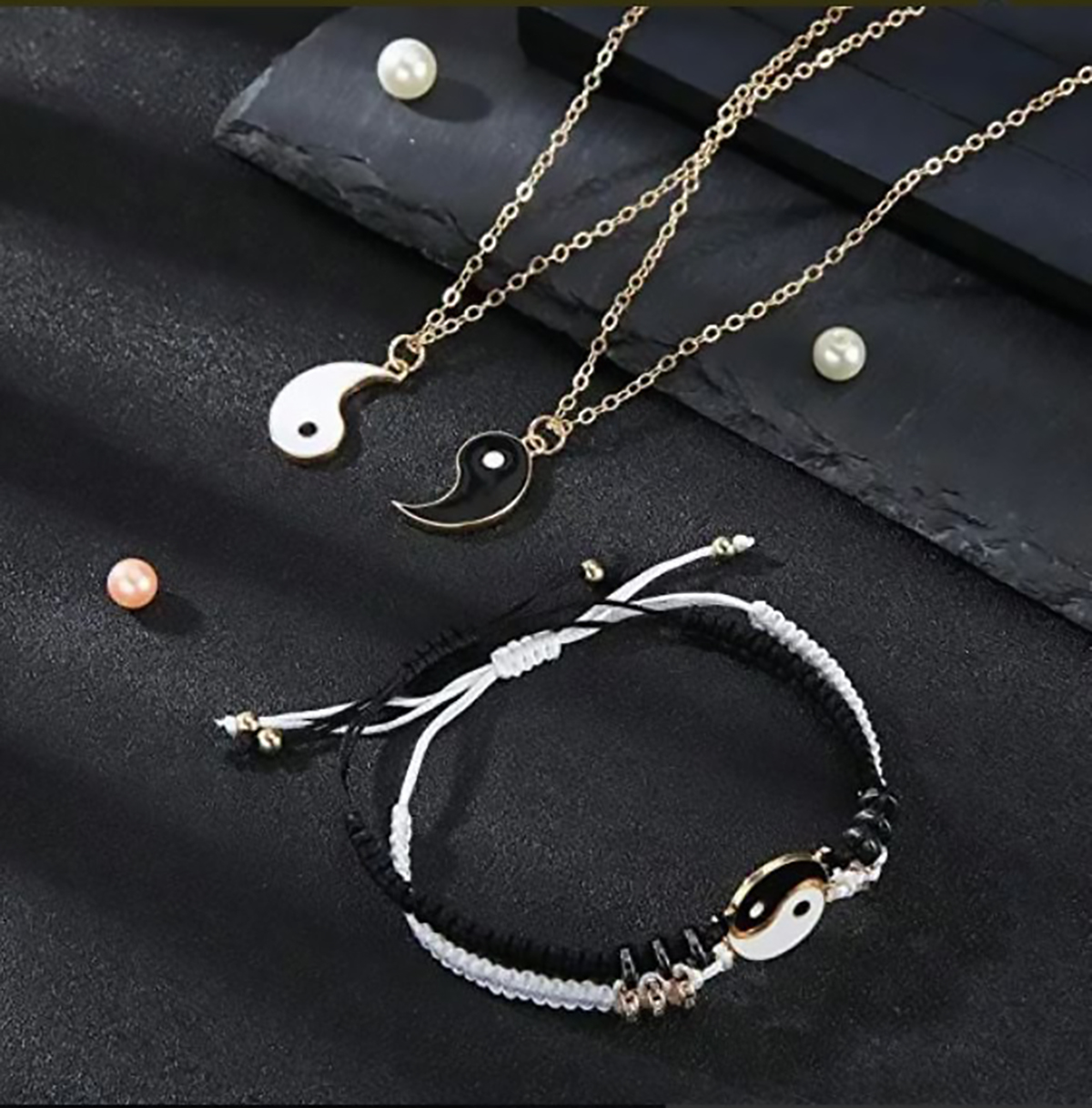 Juego de Collar y Pulsera Yin Yang, Pulseras de Cordón Ajustables, Colgantes de Yin Yang para Pareas. Excelente regalo Navidad, Novios, Dia de la Madre, San Valentin, Aniversario