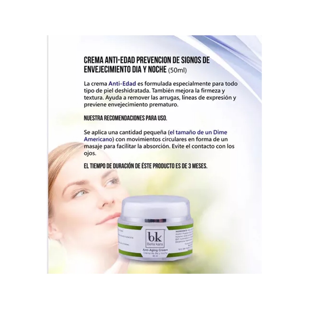 Crema Antiedad Bella Kara Anti-aging  Aplicación: Día/Noche Dama y Caballero 