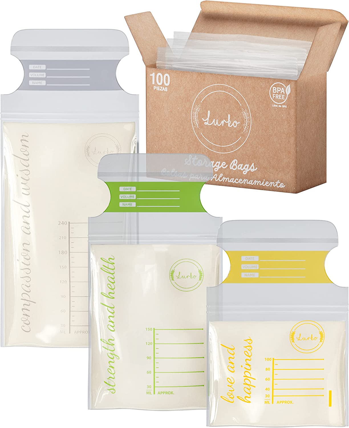 Lurko Bolsas de Almacenamiento de Leche Materna Desechables Bolsas de Leche Materna en 3 Tamaños Breast Milk Bag 100, 150 y 240 ml Bolsas para Almacenar Leche Materna Breastmilk Esterilizadas Bolsas Recolectoras de Leche Materna Listas para Usarse (100)