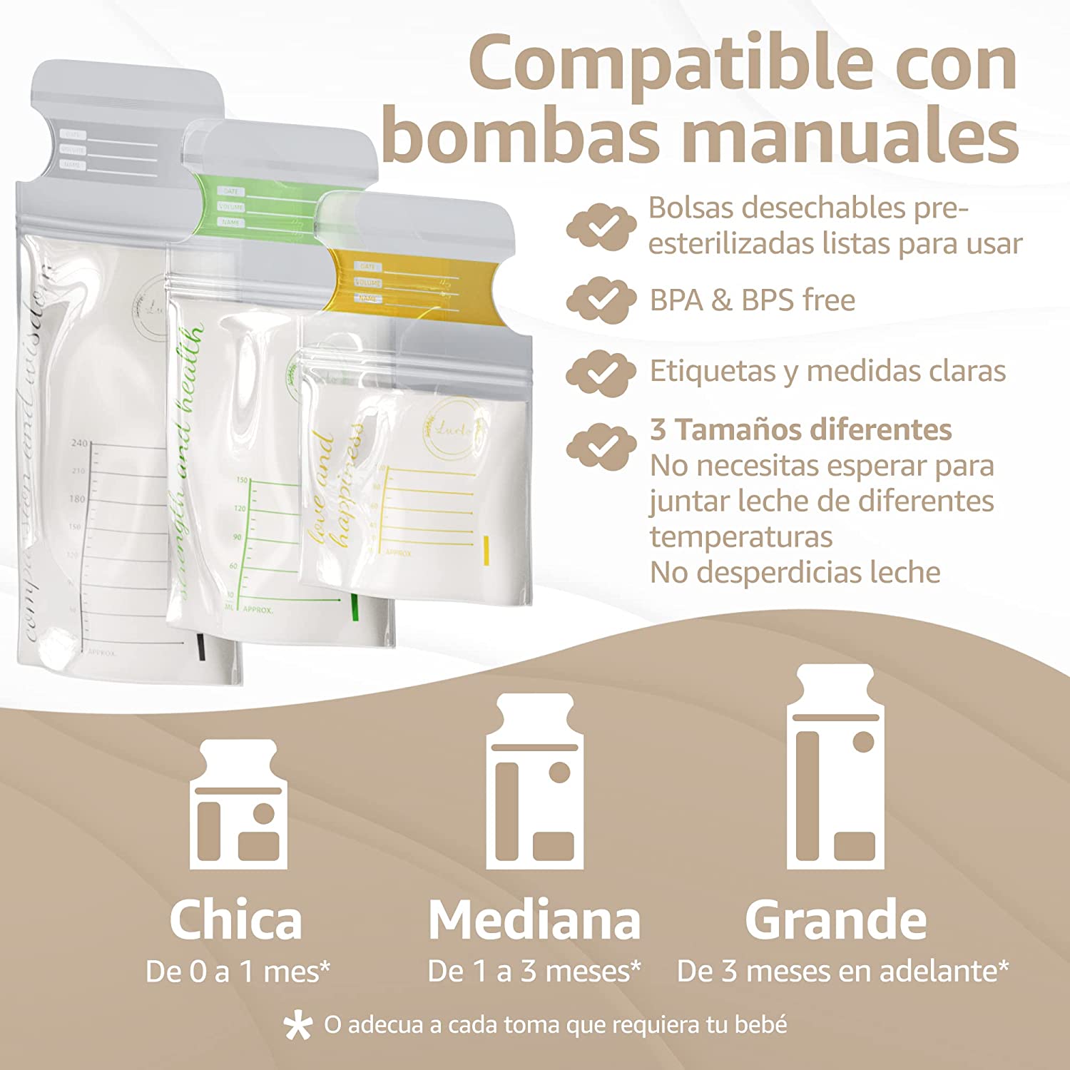 Lurko Bolsas de Almacenamiento de Leche Materna Desechables Bolsas de Leche Materna en 3 Tamaños Breast Milk Bag 100, 150 y 240 ml Bolsas para Almacenar Leche Materna Breastmilk Esterilizadas Bolsas Recolectoras de Leche Materna Listas para Usarse (100)