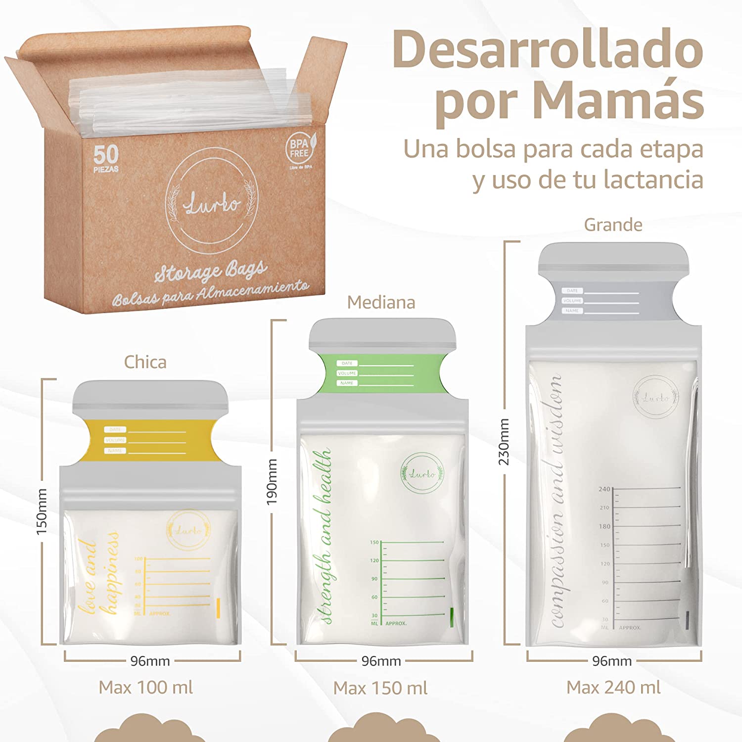 Lurko Bolsas de Almacenamiento de Leche Materna Desechables Bolsas de Leche Materna en 3 Tamaños Breast Milk Bag 100, 150 y 240 ml Bolsas para Almacenar Leche Materna Breastmilk Esterilizadas Bolsas Recolectoras de Leche Materna Listas para Usarse (100)