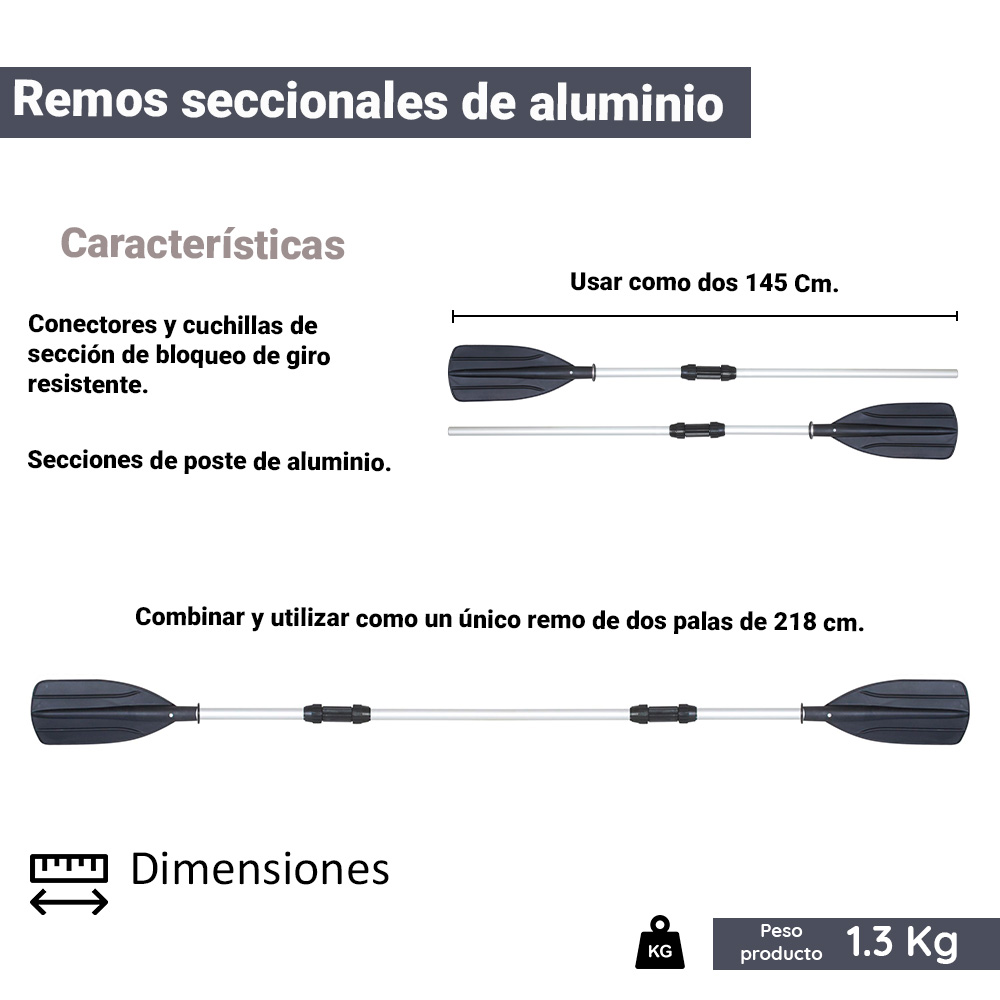 Remos Para Bote Lancha Kayac Multifuncional Aluminio 145 Cm