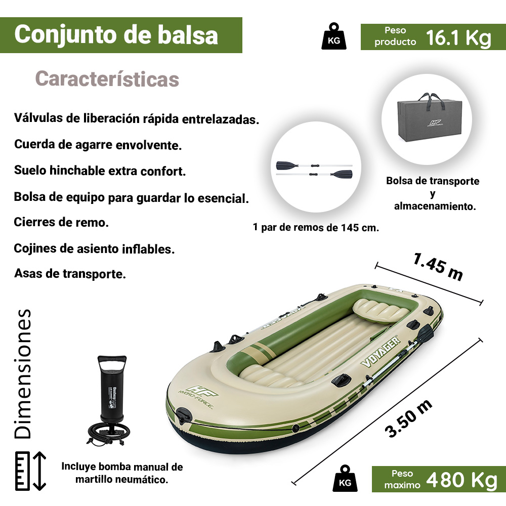 Bote Inflable Lancha Balsa Voyager X4 Con Remos 4 Personas