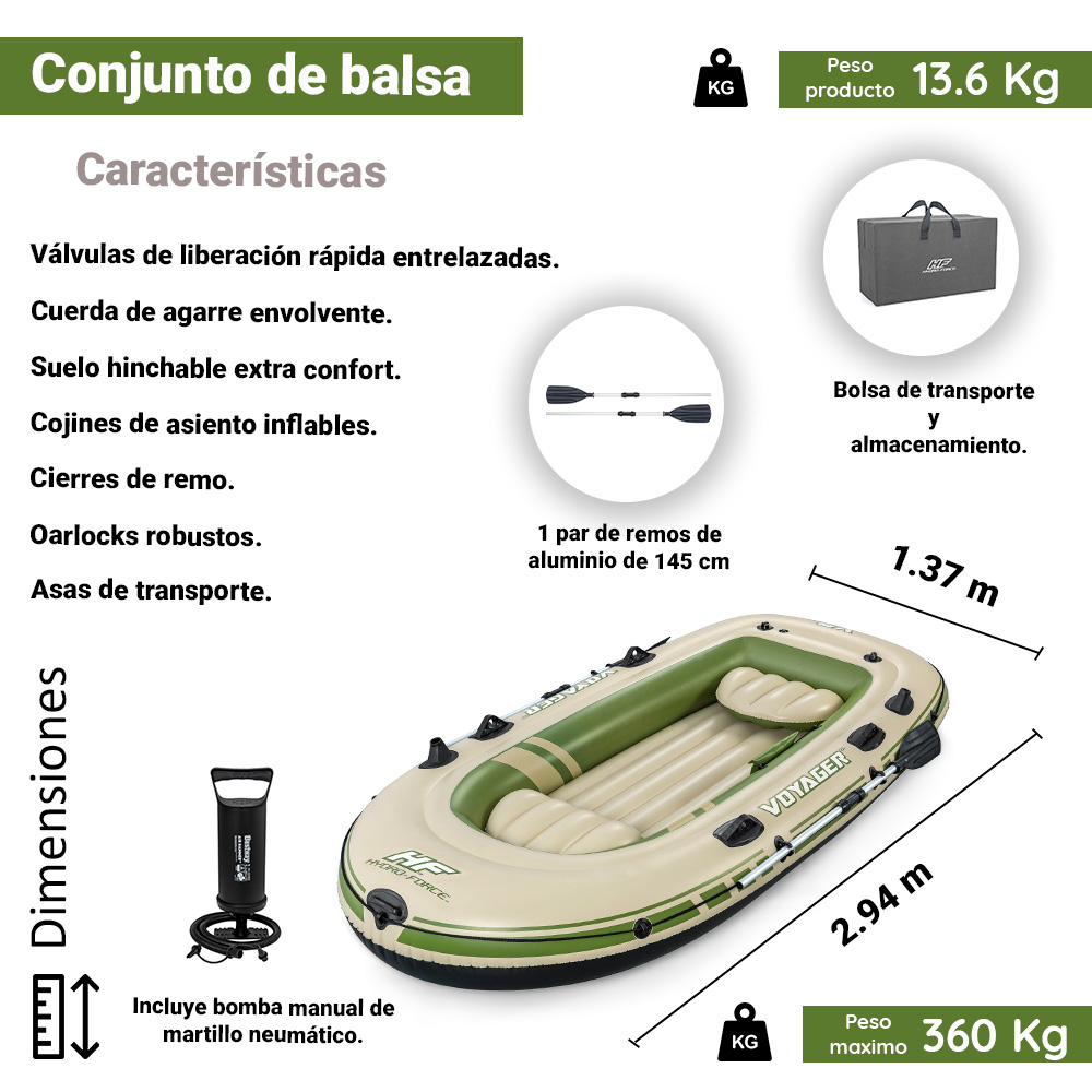 Bote Inflable Lancha Balsa Voyager X3 Con Remos 3 Personas