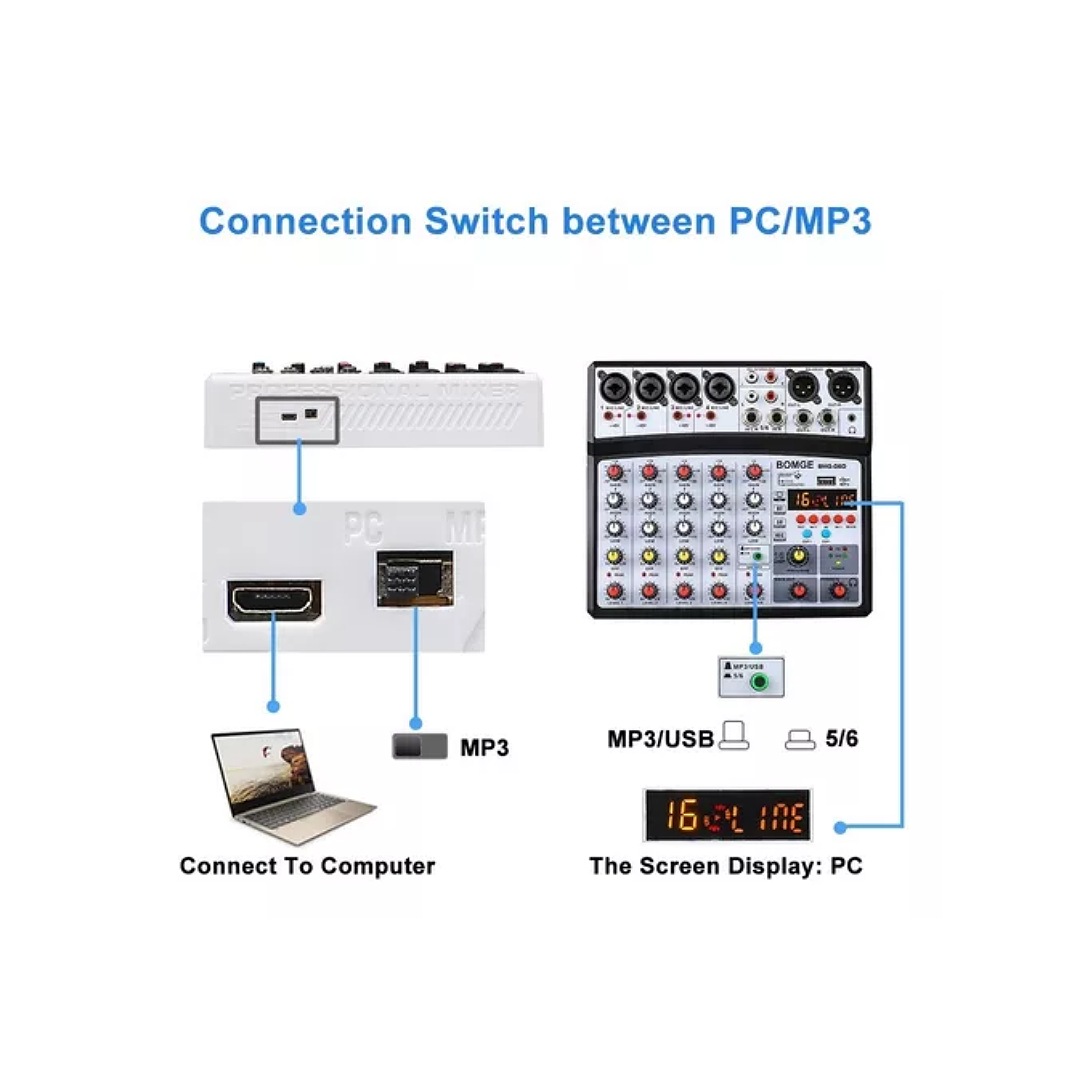  Mezclador Bluetooth Usb Dsp (6 Canales) Negro Marca Bomge