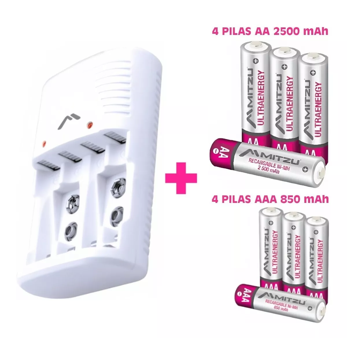Cargador Pilas MITZU con baterías recargables 4 AA + 4 AAA