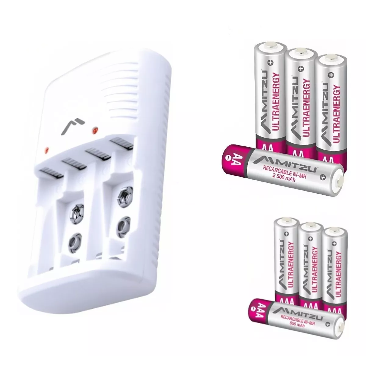Cargador Pilas MITZU con baterías recargables 4 AA + 4 AAA