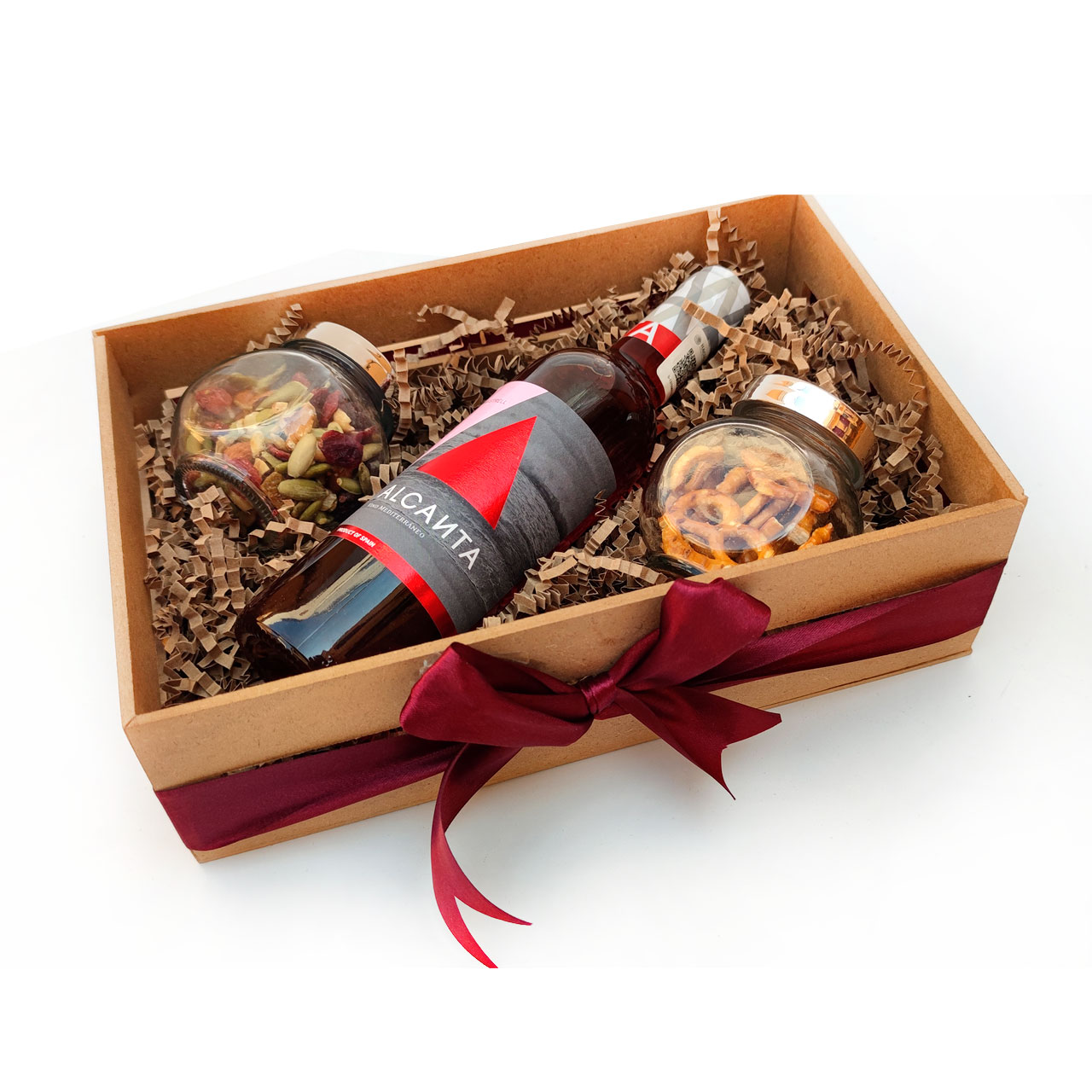 Charola de regalo con Vino Rosado Alcanta & Snacks