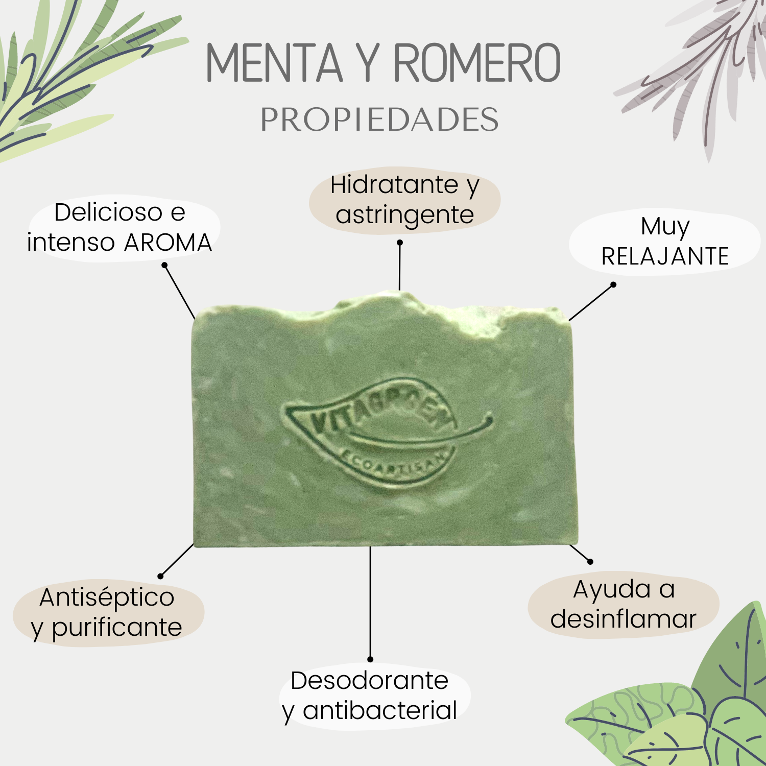 Jabón Grande relajante (250 gr) de MENTA Y ROMERO - artesanal, 100% natural y libre de tóxicos