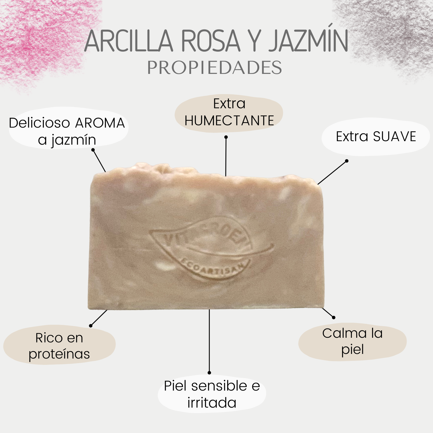 Jabón Grande piel sensible (250 gr) de ARCILLA ROSA Y JAZMÍN - artesanal, 100% natural y libre de tóxicos
