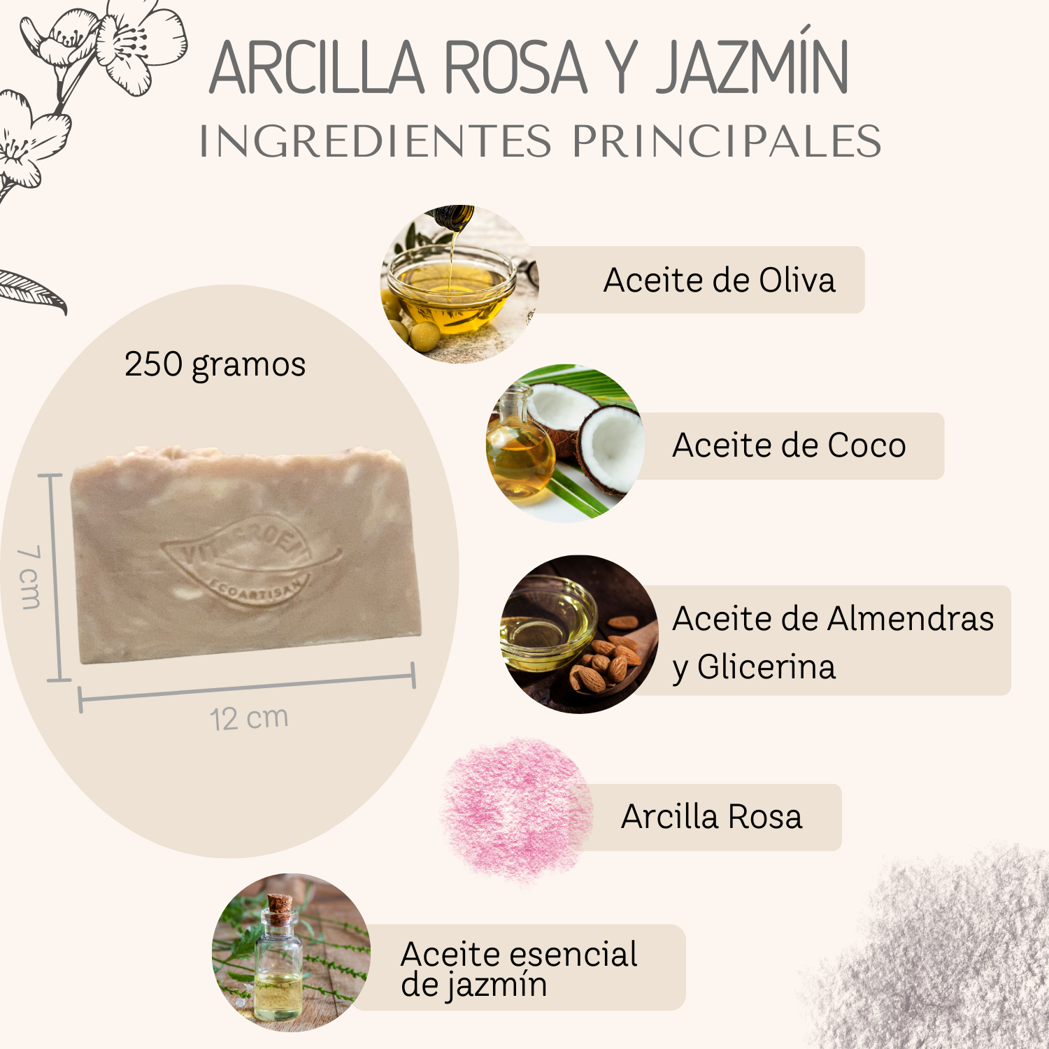 Jabón Grande piel sensible (250 gr) de ARCILLA ROSA Y JAZMÍN - artesanal, 100% natural y libre de tóxicos