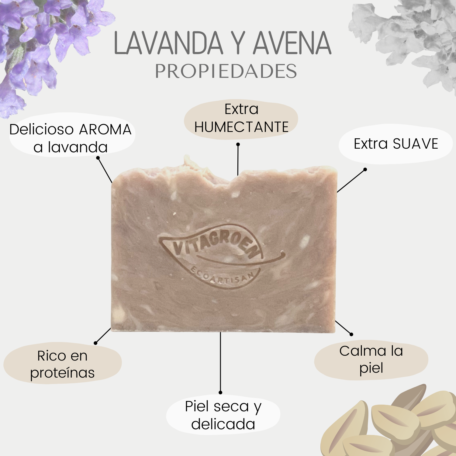 Jabón Grande piel seca y delicada (250 gr) de LAVANDA Y AVENA - artesanal, 100% natural y libre de tóxicos
