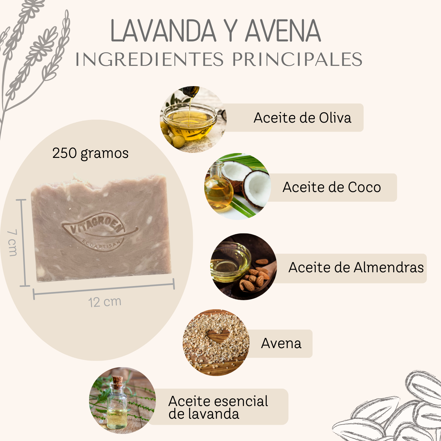 Jabón Grande piel seca y delicada (250 gr) de LAVANDA Y AVENA - artesanal, 100% natural y libre de tóxicos