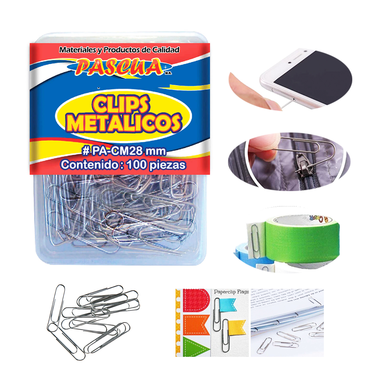 Caja de 100 Clips Metálicos Para Oficina Papeleria escuela, 28mm, Material Oficina, Clips De Papel Pequeños, No Manchan ni Arañan el Papel