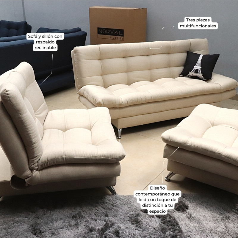 Sala Modular Beige Sofá cama Sillón y Taburete Florencia.