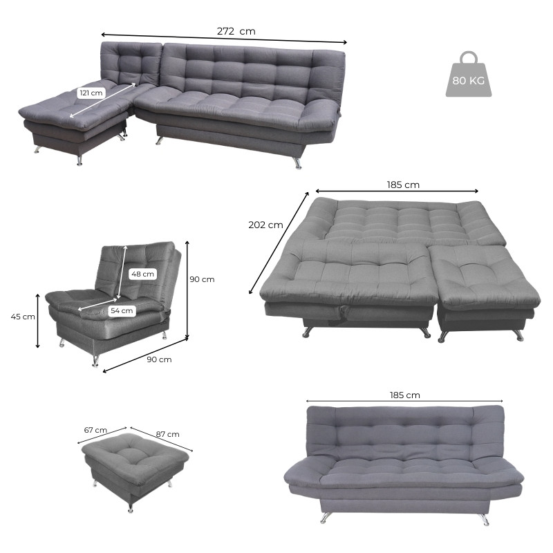 Sala Modular Beige Sofá cama Sillón y Taburete Florencia.