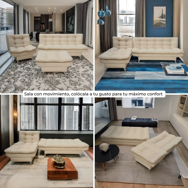 Sala Modular Beige Sofá cama Sillón y Taburete Florencia.