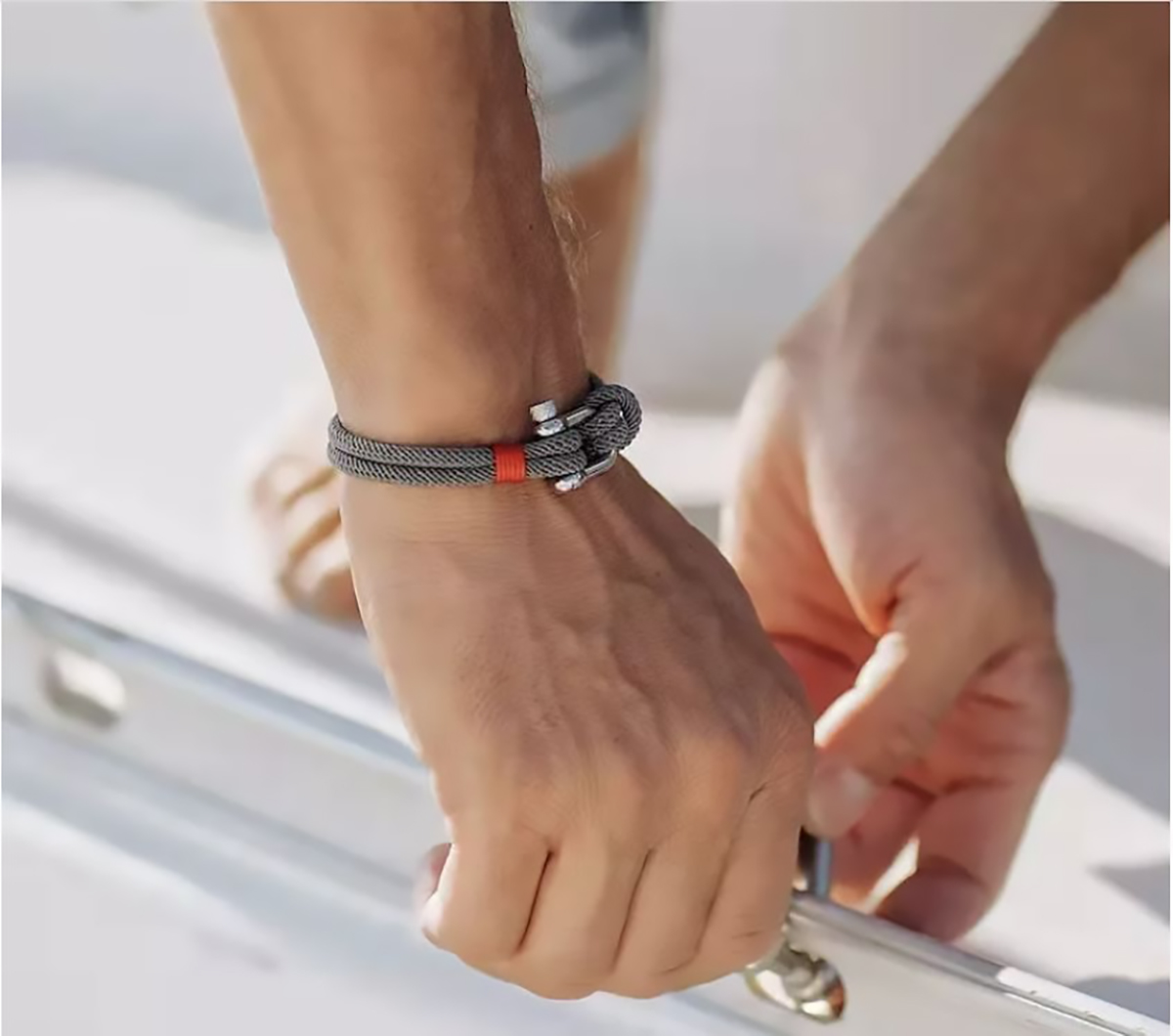 Pulsera de cuerda para hombre, pulsera náutica con grillete de acero para hombre y mujer. Brazalete paracord - Rojo/Plata