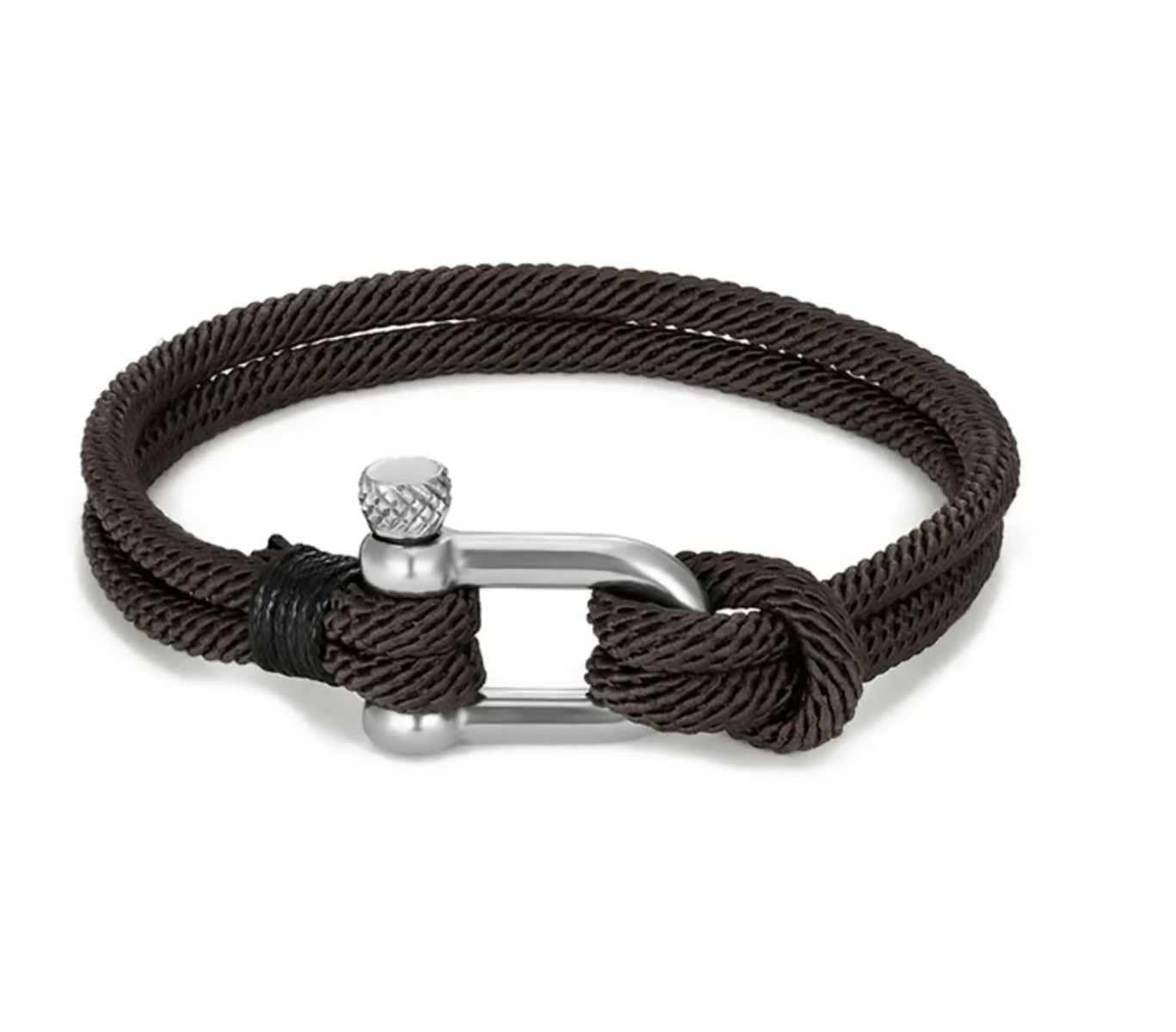 Pulsera de cuerda para hombre, pulsera náutica con grillete de acero para hombre y mujer. Brazalete paracord - Cafe/Plata