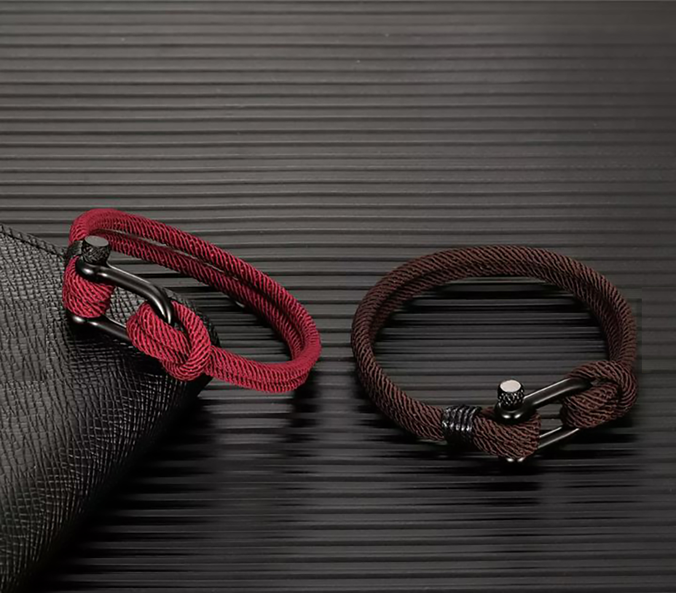 Pulsera de cuerda para hombre, pulsera náutica con grillete de acero para hombre y mujer. Brazalete paracord - Cafe/Plata