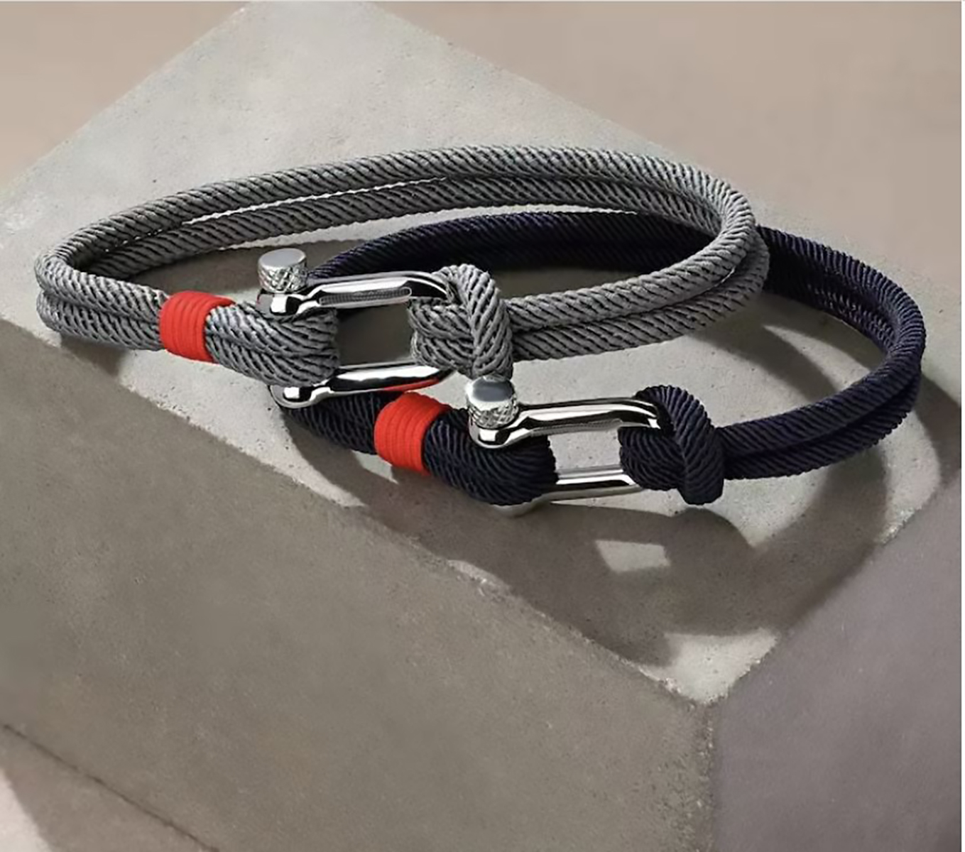 Pulsera de cuerda para hombre, pulsera náutica con grillete de acero para hombre y mujer. Brazalete paracord - Cafe/Plata