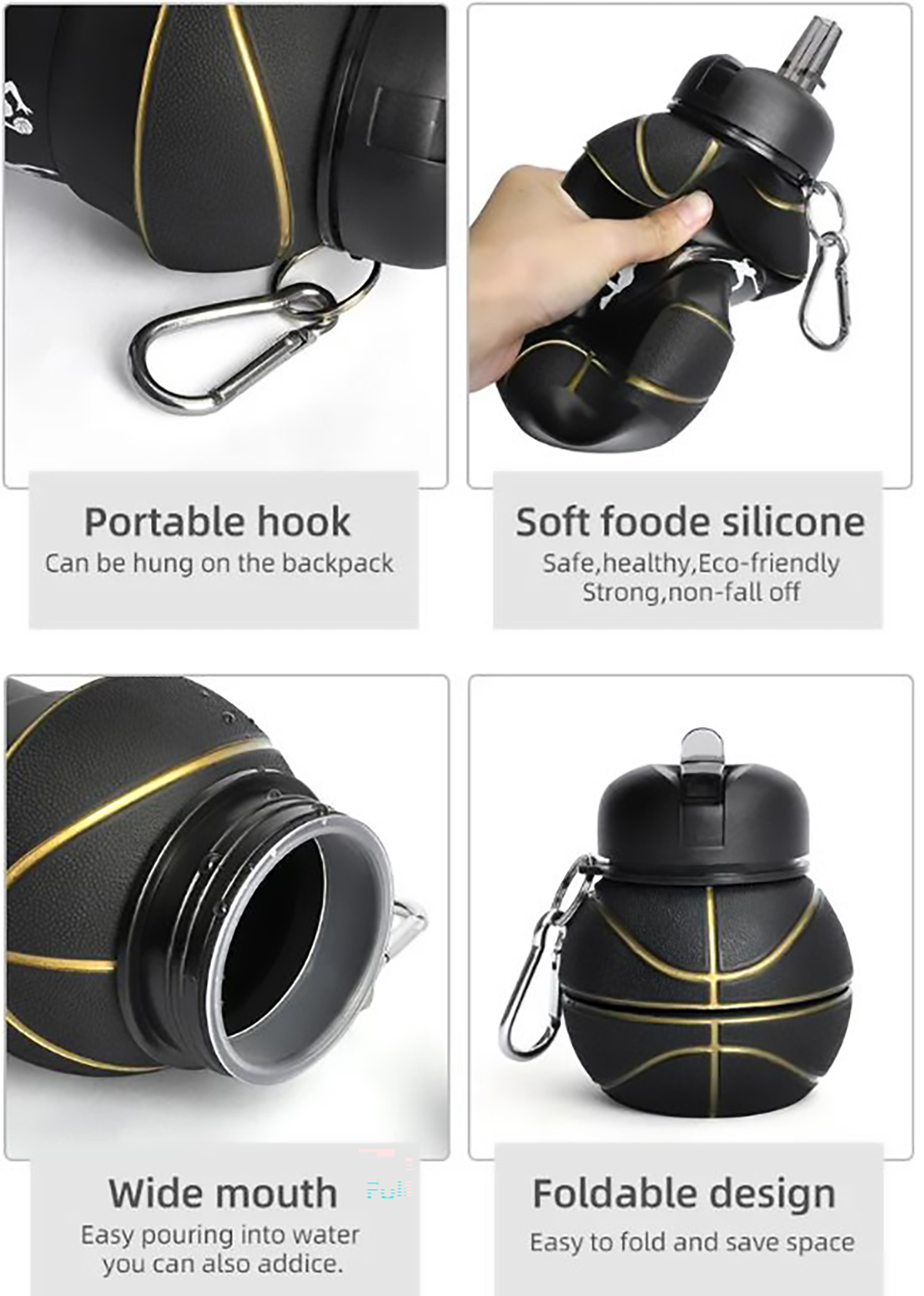 Botella Balon Plegable Para Agua Deporte Basquetbol Nba Negr