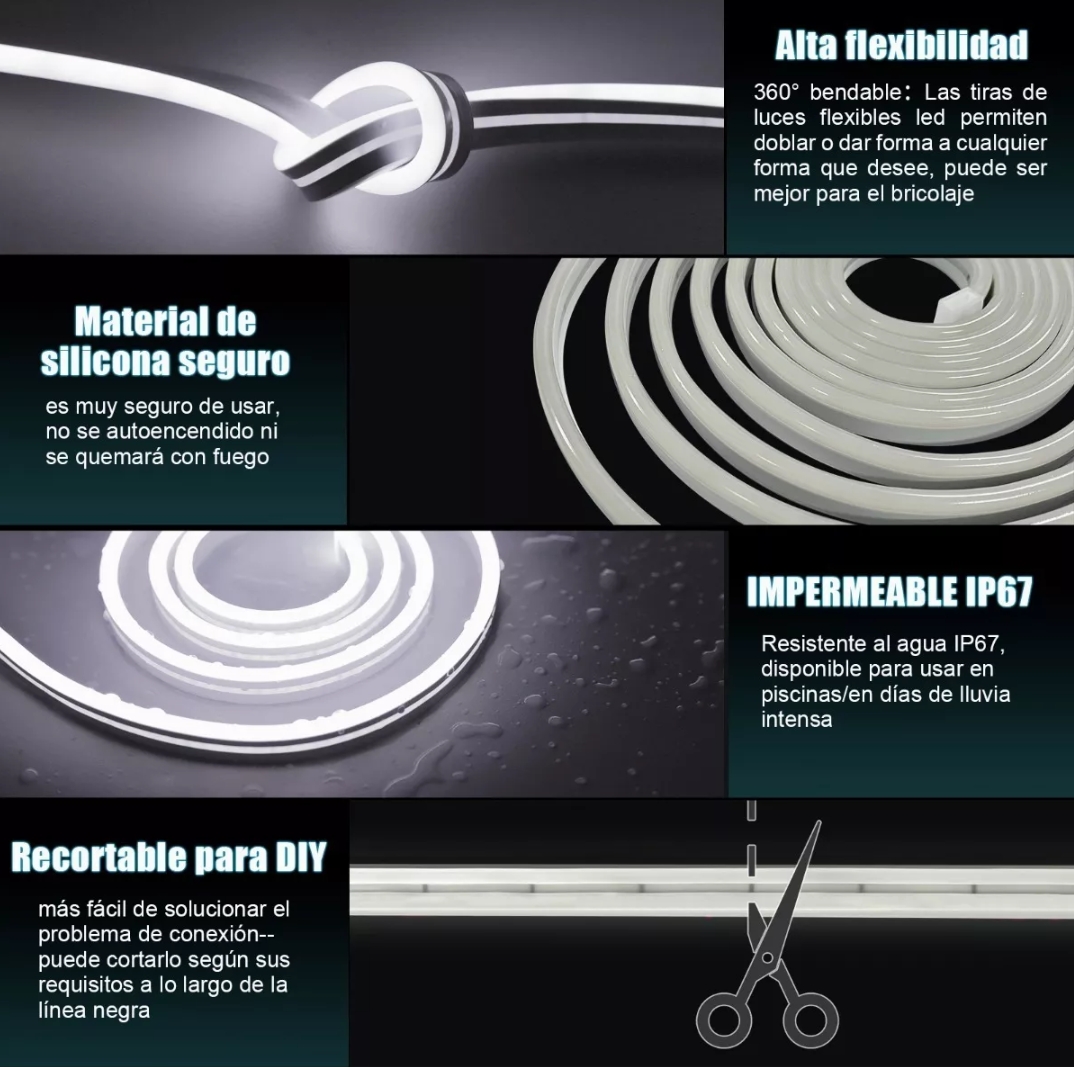 Tiras De Led Luz De Neón Flexible 5m Manguera Con Fuente 12v blanco frio