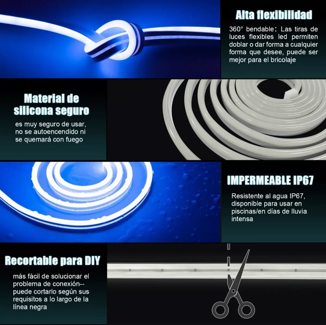 Tiras De Led Luz De Neón Flexible 5m Manguera Con Fuente 12v azul 