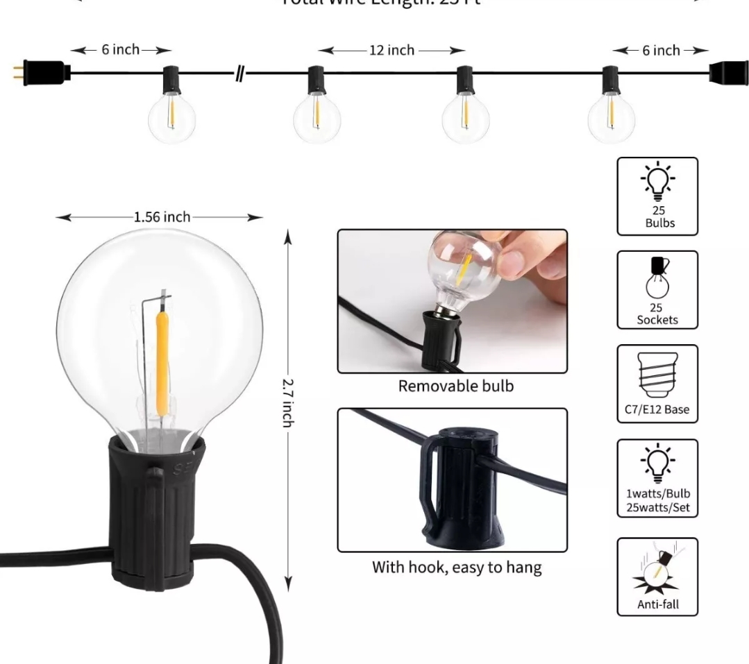 Led Guirnalda De Luces 25+2 Focos De Exterior Vintage 15m