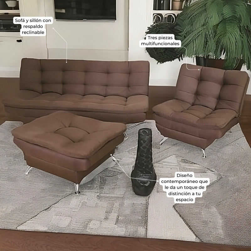 Sala Esquinera Moderna Chocolate Sofá Sillón y Taburete Florencia