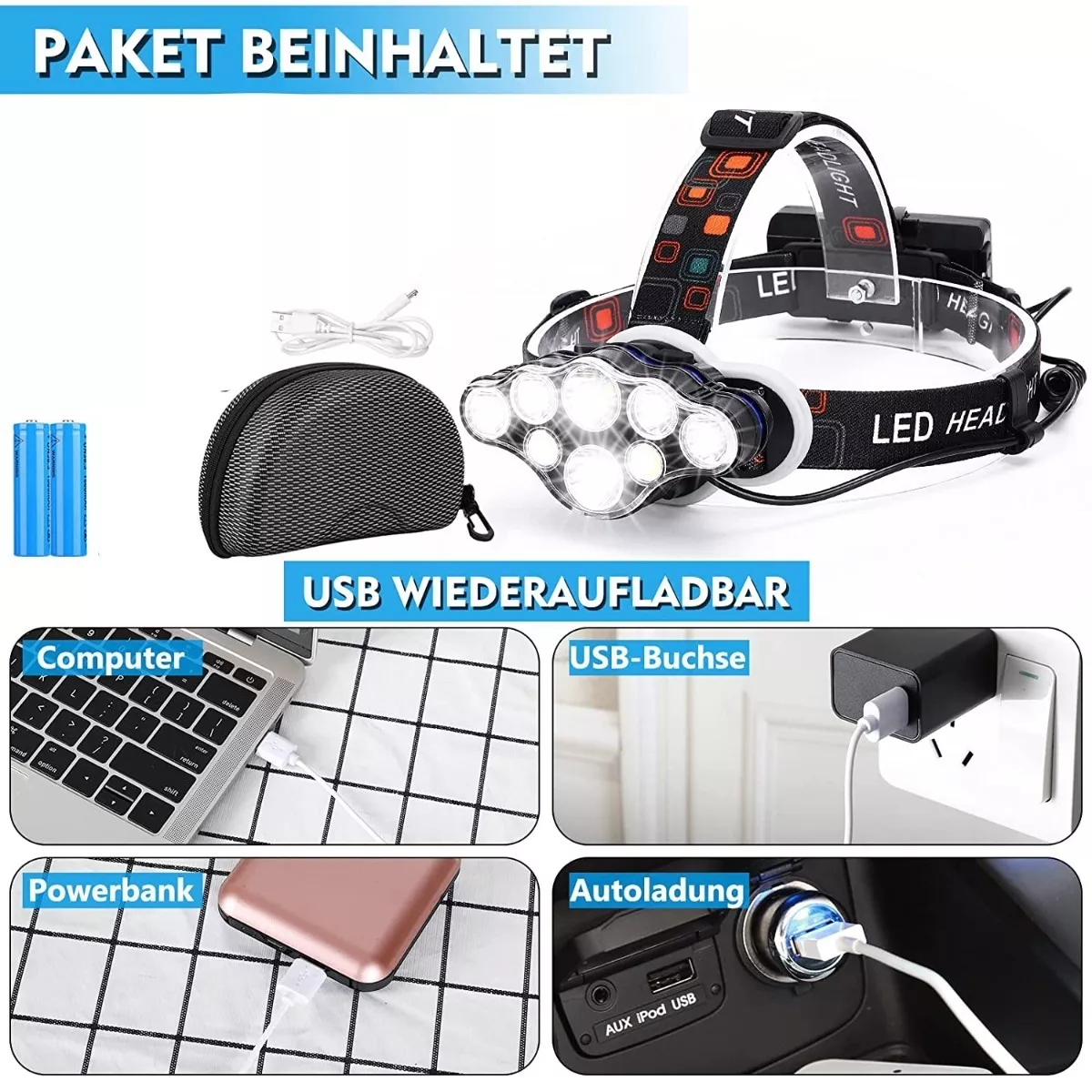 Lámpara De Cabeza Recargable Usb Con 8 Led, 8 Modos