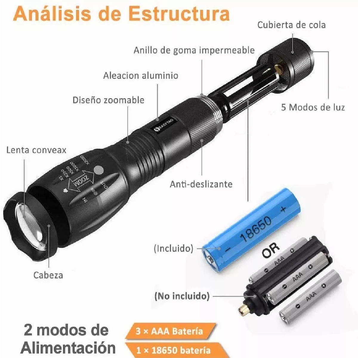 Lampara Táctica 3000 Lumens Cree Led T6 Recargable